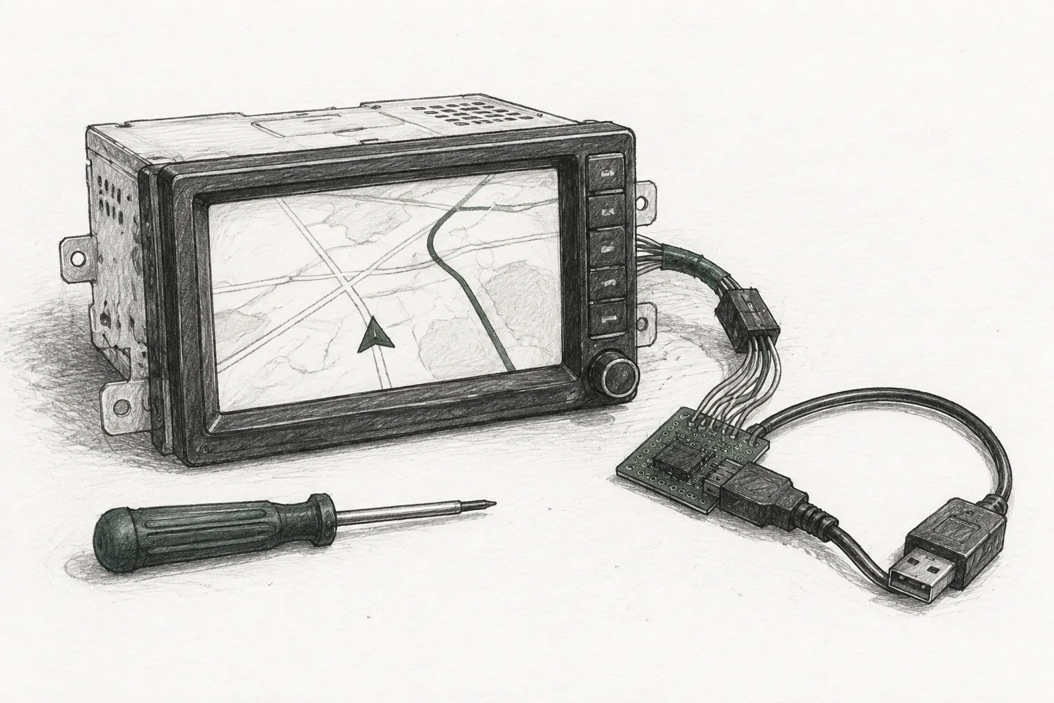 오래된 내비게이션과 USB 어댑터, 케이블을 연결하는 실험을 표현한 일러스트